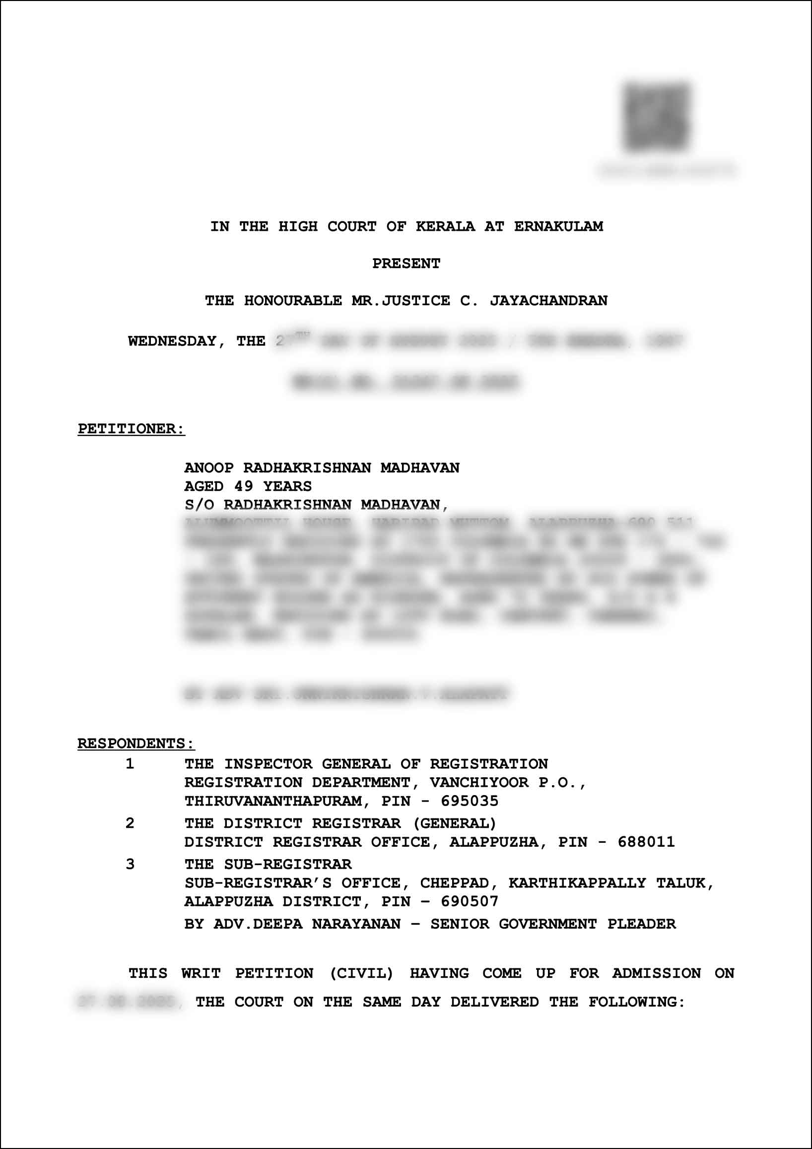 High Court directs SRO Cheppad to issue certified copy of Trust Deed