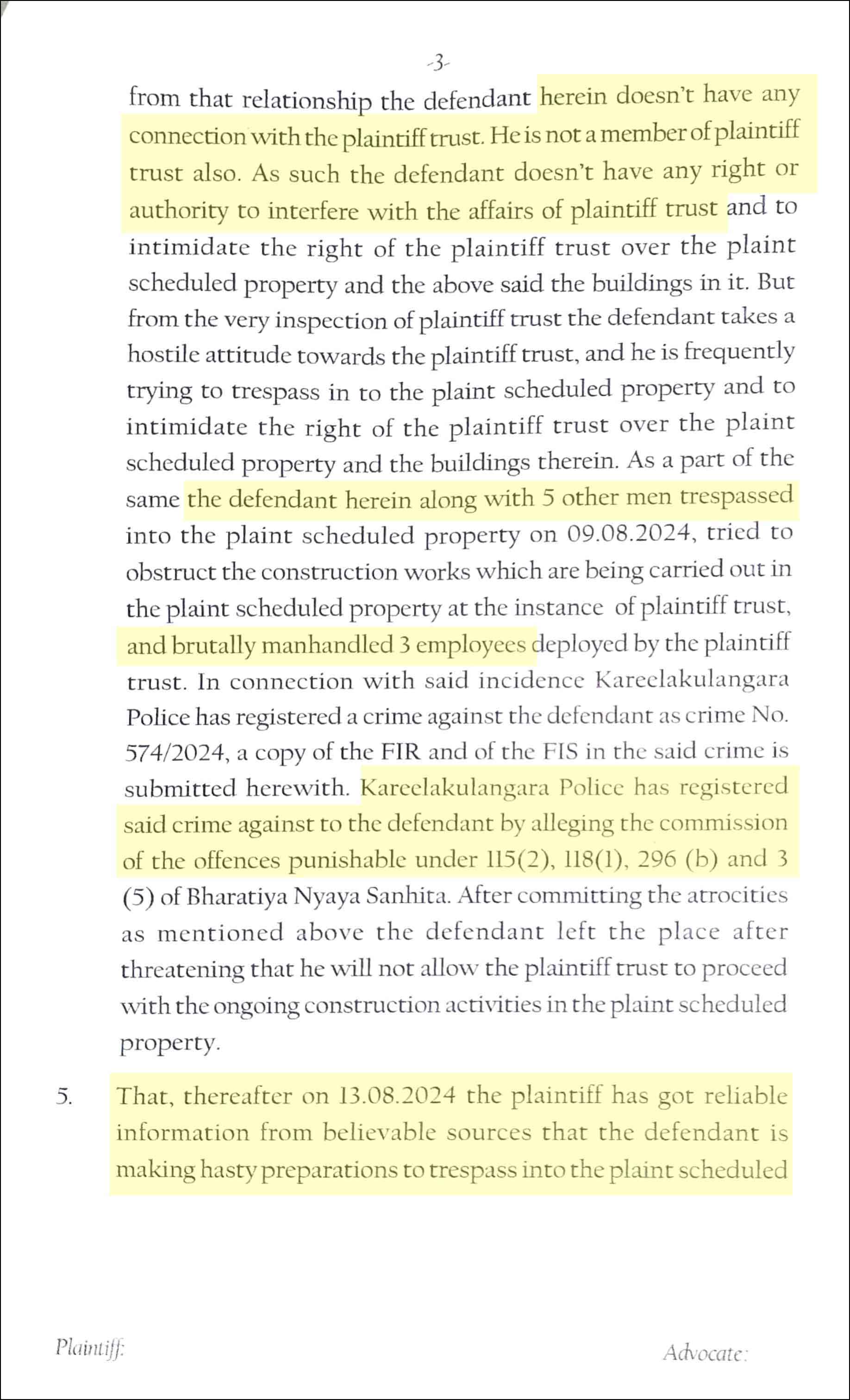 Case filed against Anoop (plaint excerpt)